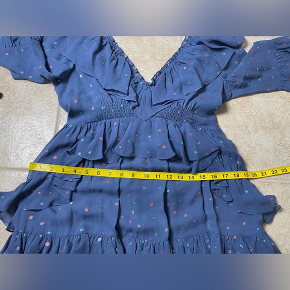 Rebecca Taylor 100% Silk Ruffle Mini Dress Glitter Gem Blue Dot Revolve, Size 8 - Picture 7 of 11